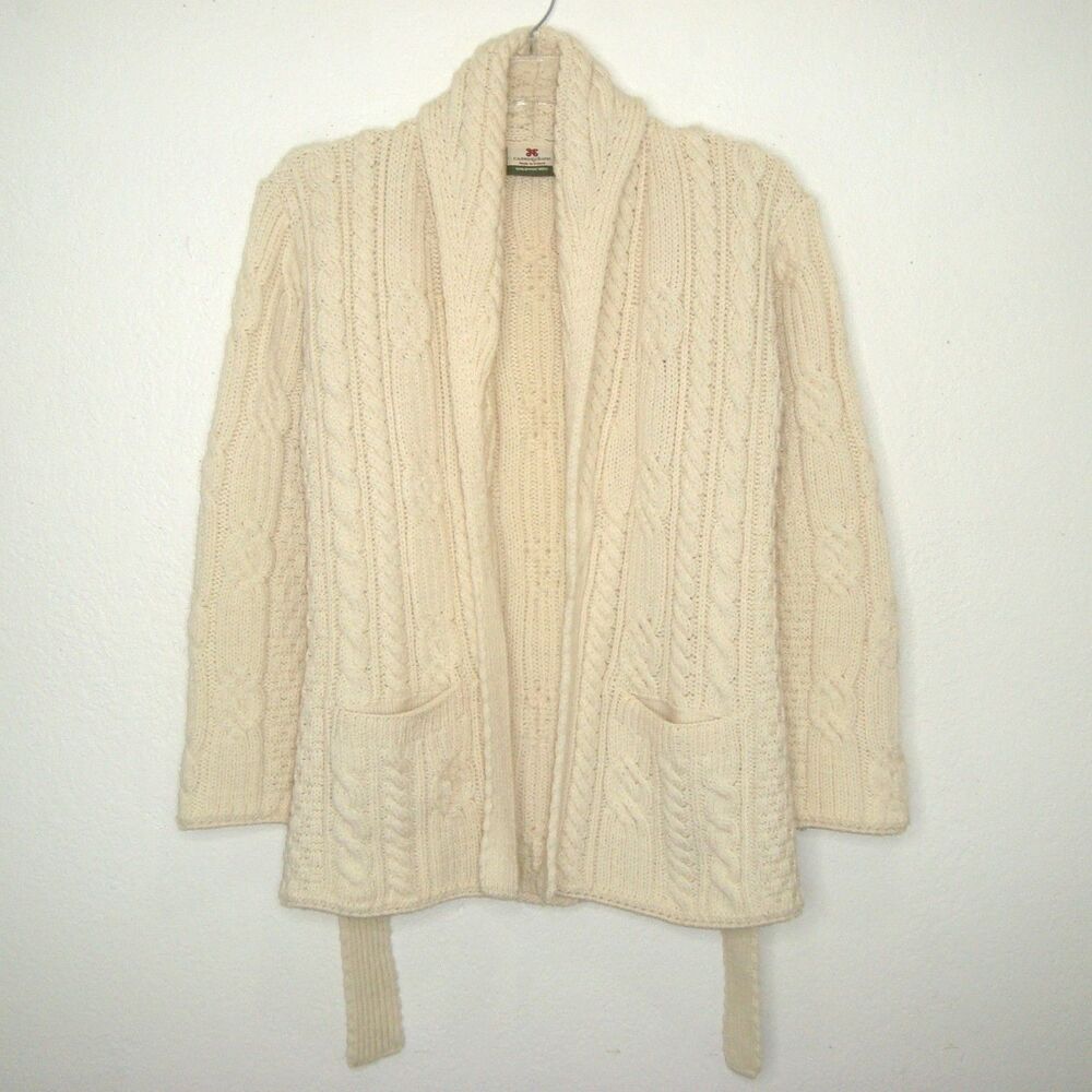Carriag Donn Merino Wool Cable Knit Shawl Collar Belted Cardigan Sweater Size M